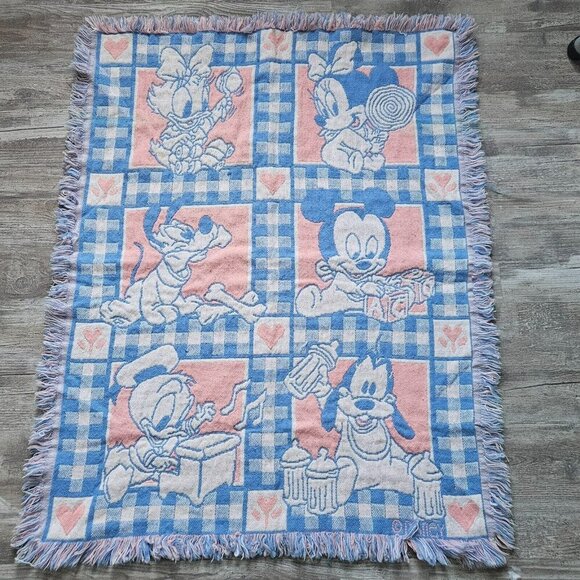 Disney Woven Knit Baby Blanket Mickey Mouse Minnie Donald Duck Pluto Vintage - Picture 1 of 14